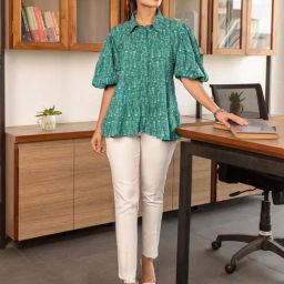 BInfinite Teal Green Printed Tiered Shirt and White Trousers-image-38