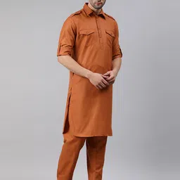 Freehand by The Indian Garage Co Men Rust Brown Regular Kurta with Trousers-picture-31