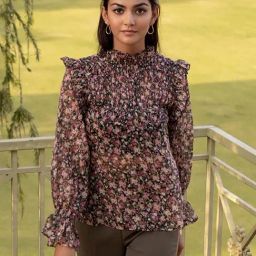 BInfinite Black Floral Ruffled Chiffon Blouse-picture-41