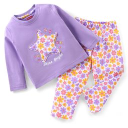 Babyhug Cotton Knit Full Sleeves Star & Floral Printed Night Suit - Lavender-image-88