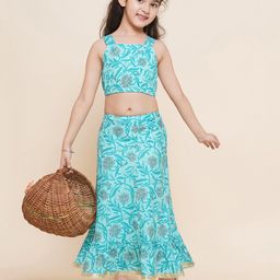 AJ Dezines Cotton Sleeveless Floral Printed Lace Embellished  Lehenga Choli Set  - Ferozi Blue-image-123