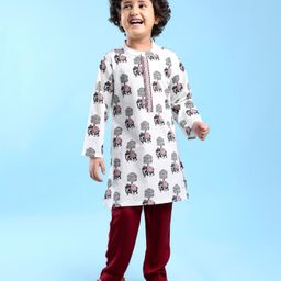 Babyhug 100% Cotton Woven Full Sleeves Elephant Printed Kurta Pyjama Set-White-image-37