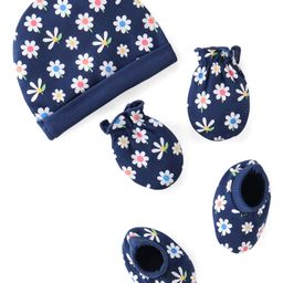 Babyhug 100% Cotton Cap Mittens & Booties with Floral Print - Navy Blue-image-28