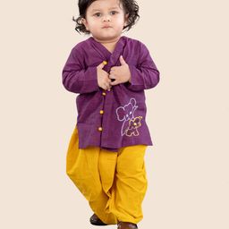 Junitos Cotton Full Sleeves Baby Elephant Embroidered Kurta With Dhoti - Purple-image-1