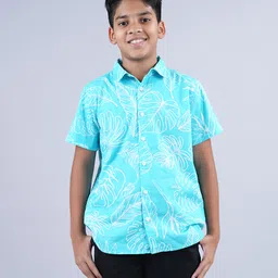Kiddopanti Cotton Half Sleeves Leaves Printed Shirt - Turquoise Blue-picture-9