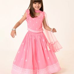 Babyhug Woven Sleeveless Georgett Sequined Embroidered  Choli Lehenga Set with Dupatta  & Frill Detailing - Pink-image-89
