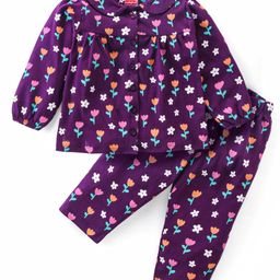 Babyhug Cotton Knit Full Sleeves Front Open Night Suit with Peter Pan Collar & Floral Print - Wine-image-97
