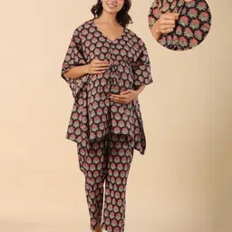 Ikk Kudi by Seerat Cotton Woven Three Fourth Batwing Sleeves Floral Motif Printed Kaftan Top With Zipper Nursing Access & Pant Set - Black-picture-20