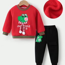 Kookie Kids Full Sleeves Winter Wear Set With Crocodile Print & Applique - Red-picture-40