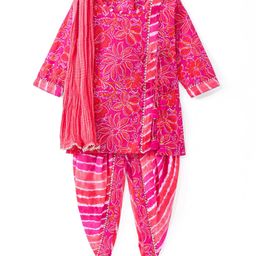 Exclusive from Jaipur Cotton Three Fourth Sleeves Kurti Patiala Dupatta Set with Floral Print - Pink-image-49