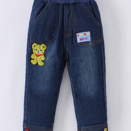 Kookie Kids Cotton Full Length Washed Jeans with Bear & Text Patch - Navy Blue-image-66