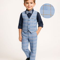 Mark & Mia Cotton Woven Full Sleeves Checkered 3 Piece Party Suit With Bow - Grey & Navy Blue-image-84