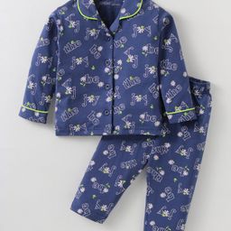 Doreme Single Jersey Knit Full Sleeves Night Suit With Text Print - Navy Blue-picture-4