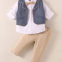 ToffyHouse Poplin Woven Full Sleeves 3 Piece Party Suit With Bow - Tan-image-35