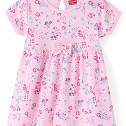 Babyhug Interlock Knit Half Sleeves Floral Printed Frock with Bow Applique - Pink-picture-49