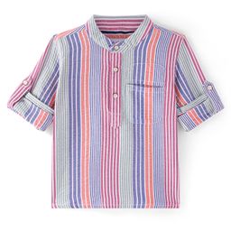 Babyhug Cotton Woven Full Sleeves Striped Mandarin Collar Kurta Style Shirt - Pink Purple &Grey-image-103
