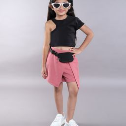 Taffykids Cotton Jersey Half Sleeves Solid Crop Top With Textured Skort Set & Waist Bag - Black & Mauve-image-70