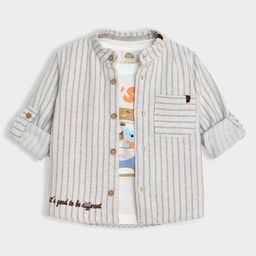 Mi Arcus Full Sleeves Striped Shirt With Lets Go Text Printed Tee - Multi Colour-image-3