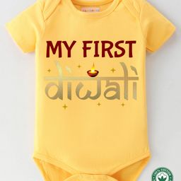 BLUSHES Diwali Theme 100% Cotton Half Sleeves My First Diwali Text Printed Onesie - Yellow-picture-12