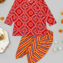 Little Ginnie Cotton Full Sleeves Bandhani Printed Kurta & Striped Dhoti Set - Red-picture-48