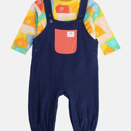 MINI KLUB Cotton Pocket Detailed Dungaree With Full Sleeves Alphabets Printed Tee - Blue & Orange-image-9