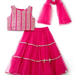 Babyhug Woven Sleeveless Choli Lehenga Set & Dupatta With Floral Embroidery & Lace Detailing - Fuschia-picture-34