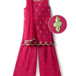 Pine Kids Woven Sleeveless Kurti Gharara Set with Dupatta & Floral Embroidery - Dark Pink-image-88