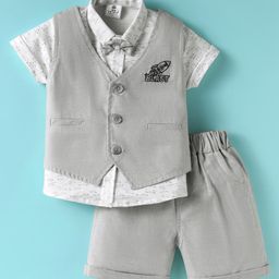 Mini Taurus Sinker Knit Half Sleeves 3 Piece Party Suit with Bow & Rocket Patch Detailing - Light Grey-image-13