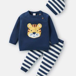 Babyhug Knit Full Raglan Sleeves Sweater Set With Stripes & Animal Patch Work Detailing with Cap - Royal Blue-image-6