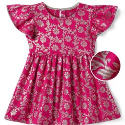 EARTHY TOUCH Single Jersey Knit Frill Sleeves Ethnic Dresses with Floral Glitter Print - Dark Pink-image-92