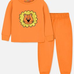 Trampoline Terry Loop Full Sleeves Lion Face Printed Tee With Joggers Set - Orange-image-80