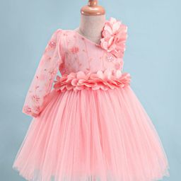 Rassha Full Sleeves Floral Applique Detailed & Sequins Embellished Knee Length Dress - Peach-image-80
