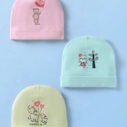 Pink Rabbit Single Jersey Knit Baby Caps with Animal Print Pack of 3 Light Blue Pink & Light Green - Diameter 10.5 cm-picture-26