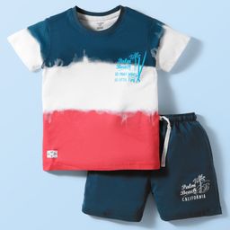 CUCUMBER Sinker Knit Half Sleeves T-Shirt & Short Set With Text Print - Red & Navy Blue-image-35