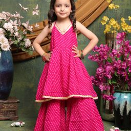 Saka Designs By Sapna Georgette Woven Sleeveless Leheriya Printed Gota Lace Embellished Kurta Sharara Set - Magenta-image-55