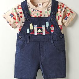 ToffyHouse Corduroy Woven Dungaree & Half Sleeves Inner Tee With London Theme Print & Embroidery - Navy Blue-picture-39