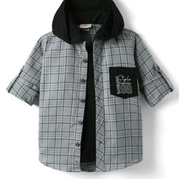 Rikidoos Full Sleeves Striped Shirt With Attached Hooded Tee Set - Grey & Black-image-87