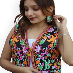 Prijam Floral Embroidered Crop Tie-Up Neck Open Front Cotton Jacket-image-85