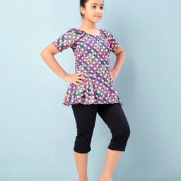 Aarika Half Sleeves Abstract Printed Frock Style Swimsuit - Fawn Purple & Black image 4
