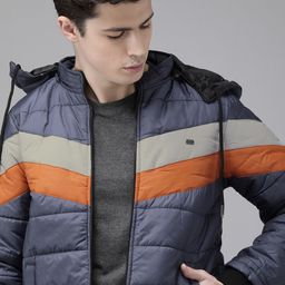 Roadster Men Navy Blue & Orange Striped Hood Padded Jacket-36