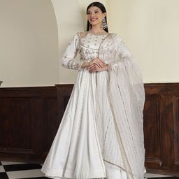 MILU MADAN Women Embroidered Satin Fit & Flare Maxi Ethnic Dresses-image-12