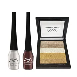 AYA Set of 2 Waterproof Liquid Eyeliner 5ml Each & Shimmer Brick Highlighter 03-1