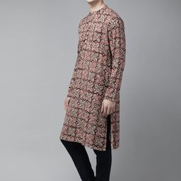 See Designs Men Maroon & Grey Kalamkari Block Print Sustainable Handloom Straight Kurta-picture-21