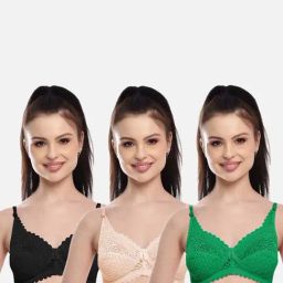 FIMS: Fashion is my Style Beige & Green Lace Work Bralette Bras - Pack Of 3-picture-27