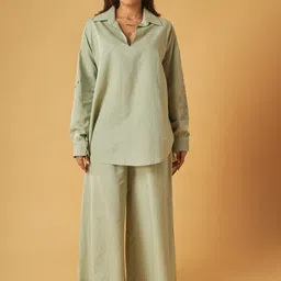 Maisolos Cutwork Detail Cotton Linen Top With Palazzo-image-34