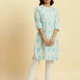 W Blue Cotton Printed Straight Kurta-image-89