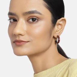 Estele Rhodium-Plated Red Enamel Hoop Earrings for Women-image-20