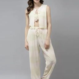 Prakrti Beige Round Neck Crop Top Pant Set With Shrugs-image-1