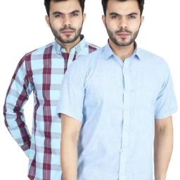 TAHVO Blue Cotton Slim Fit Shirt Pack of 2-image-59
