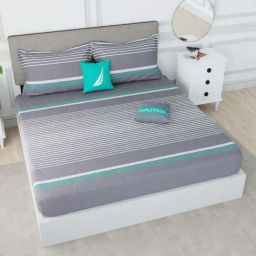 Nautica Hampton Grey & Aqua 100% Cotton 210 TC Super King Bed Size With Pillow Covers-image-25